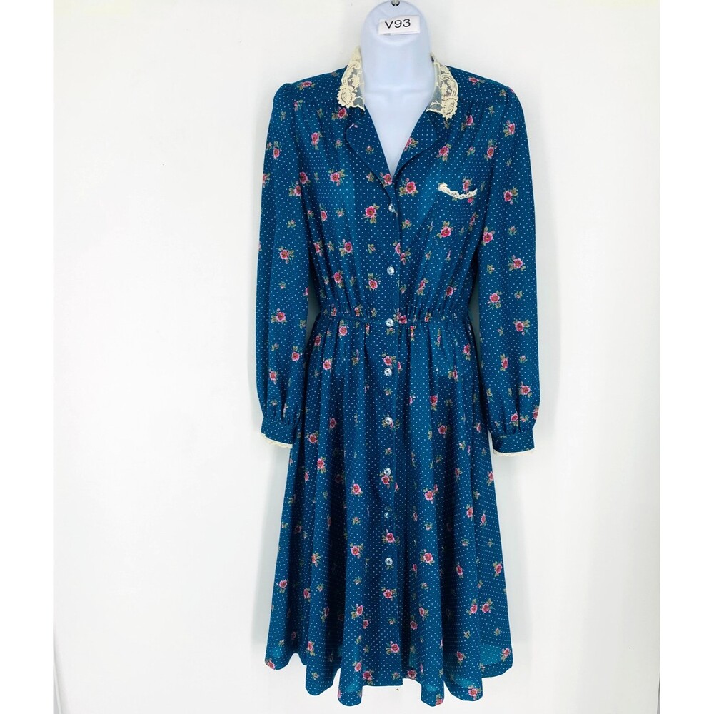 Vintage Ditsy Floral Print Blue Lace Collared Midi Dress 70's Women's Polka Dot